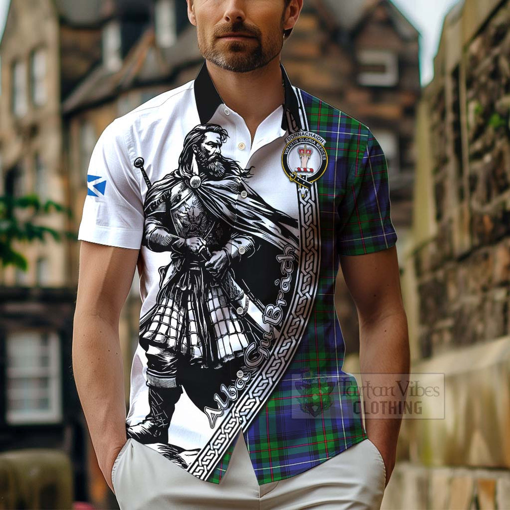 Tartan Vibes Clothing Donnachaidh Tartan Clan Crest Short Sleeve Button Shirt with Highlander Warrior Celtic Style