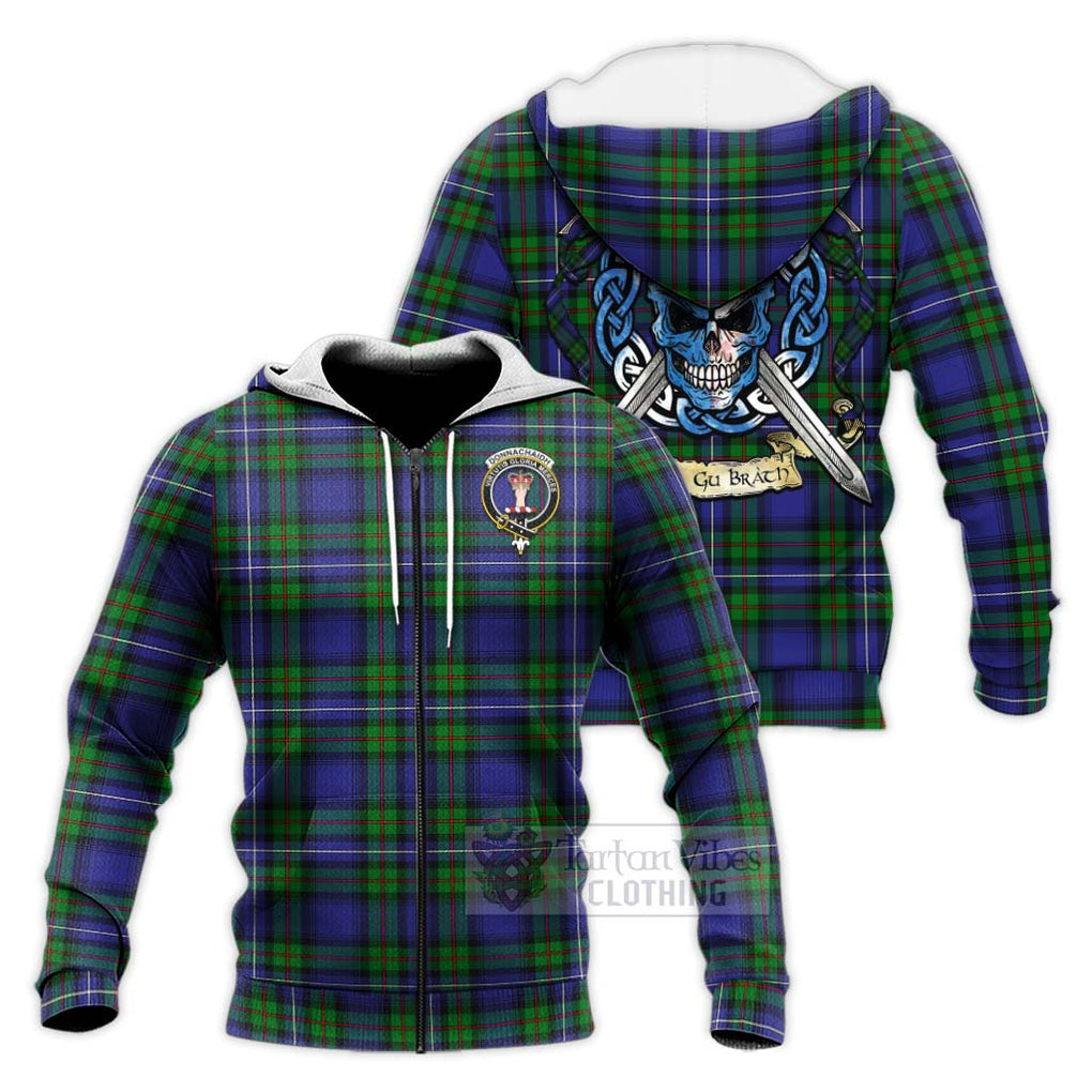 Tartan Vibes Clothing Donnachaidh Tartan Knitted Hoodie with Family Crest Celtic Skull Style