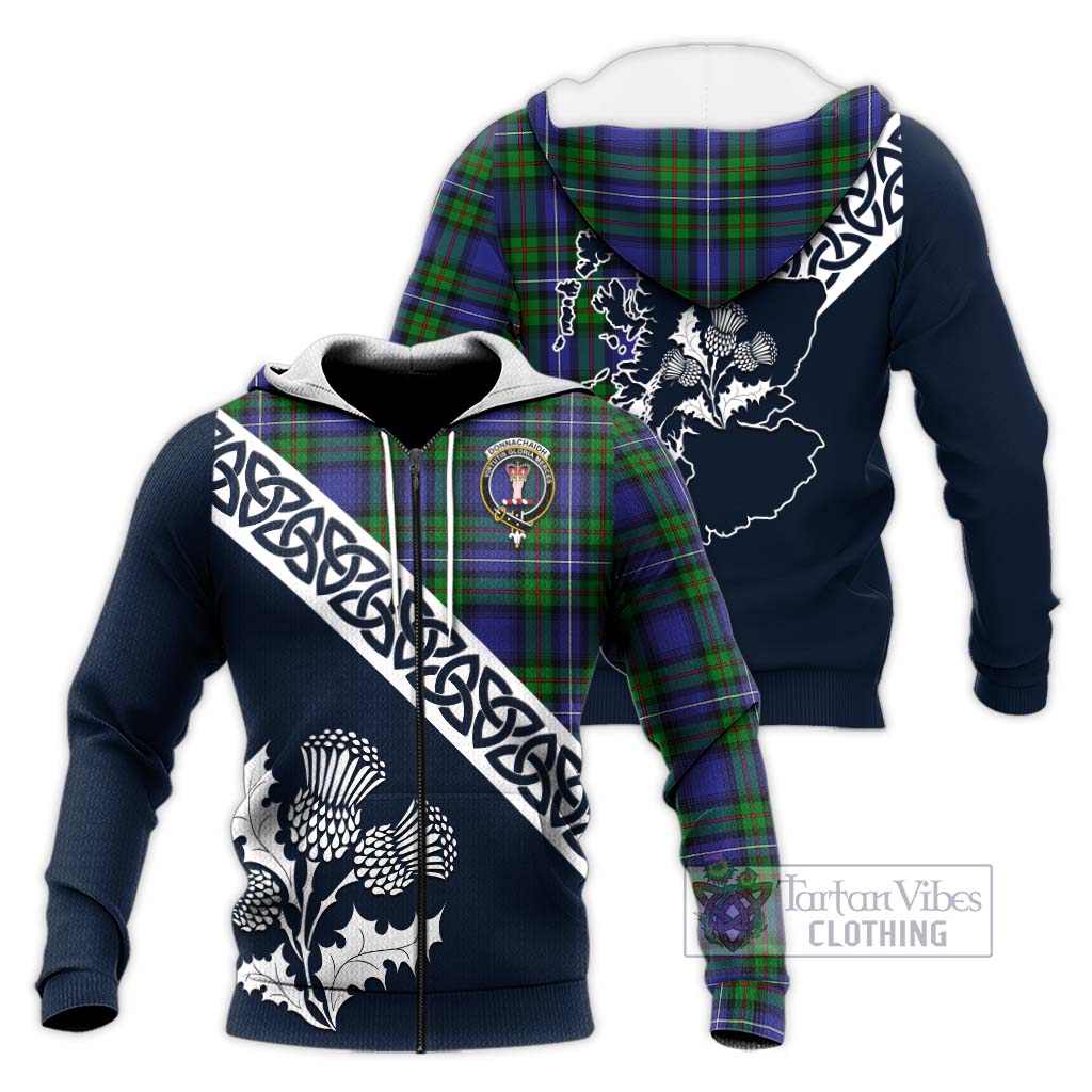 Tartan Vibes Clothing Donnachaidh Tartan Knitted Hoodie Featuring Thistle and Scotland Map