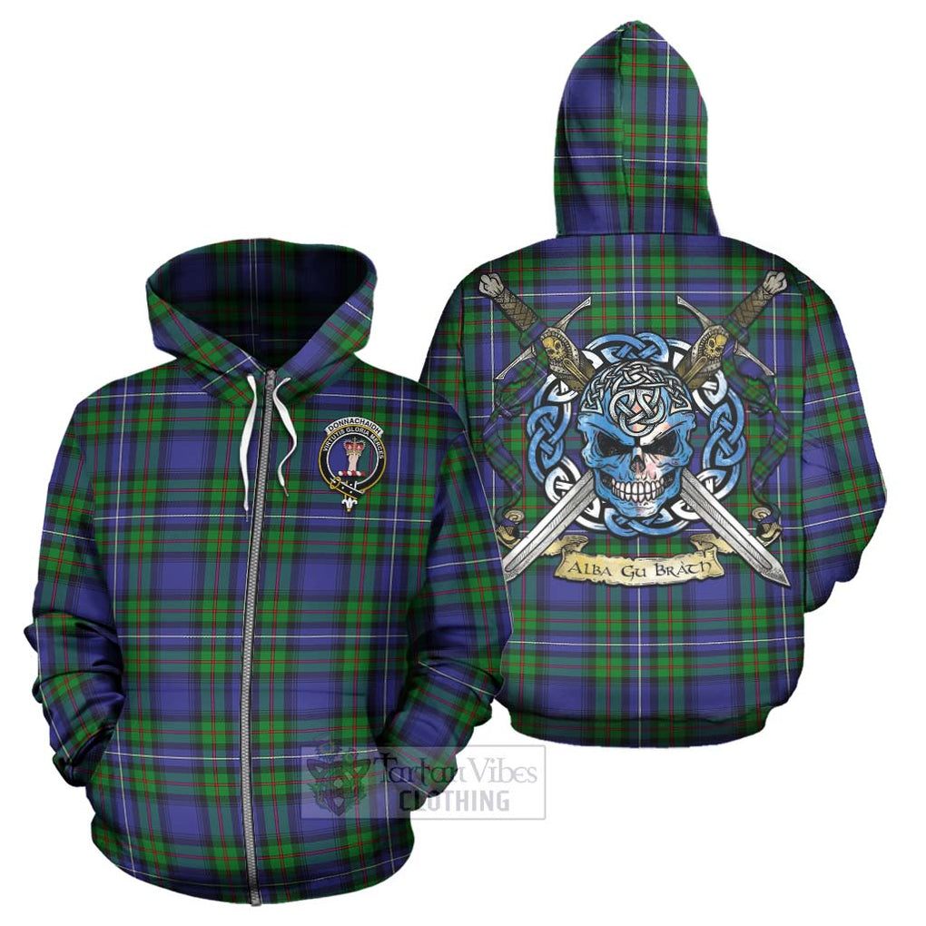 Tartan Vibes Clothing Donnachaidh Tartan Hoodie with Family Crest Celtic Skull Style