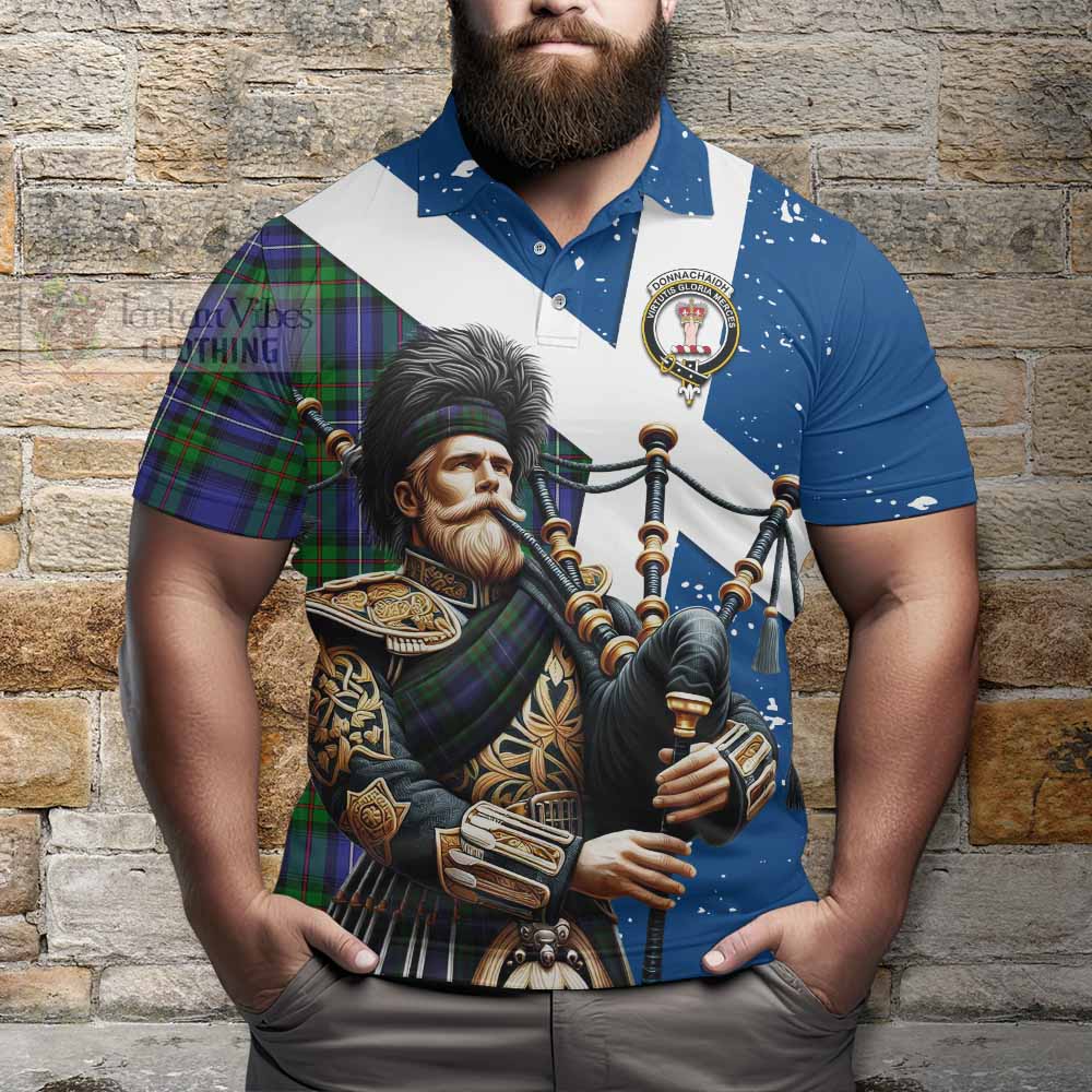 Tartan Vibes Clothing Donnachaidh Tartan Polo Shirt with Family Crest Scottish Bagpiper Vibes