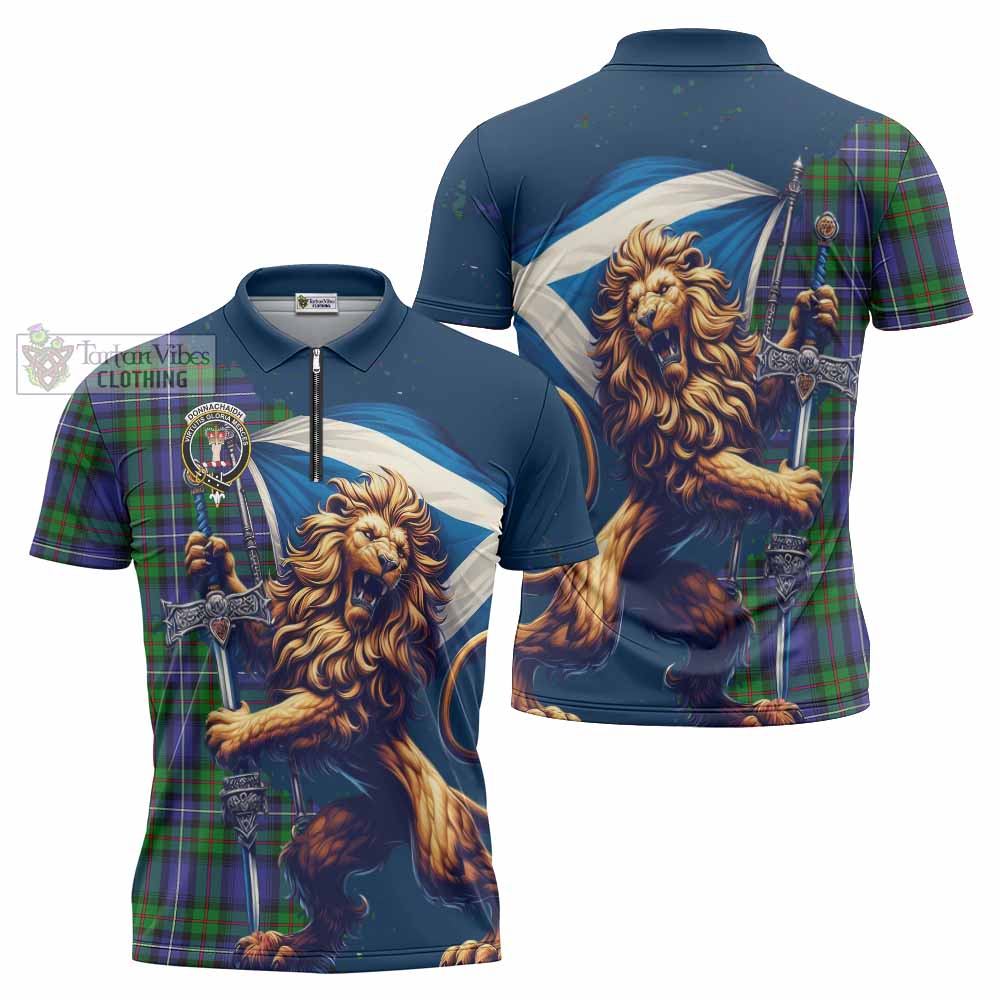 Tartan Vibes Clothing Donnachaidh Tartan Family Crest Zipper Polo Shirt with Scottish Majestic Lion