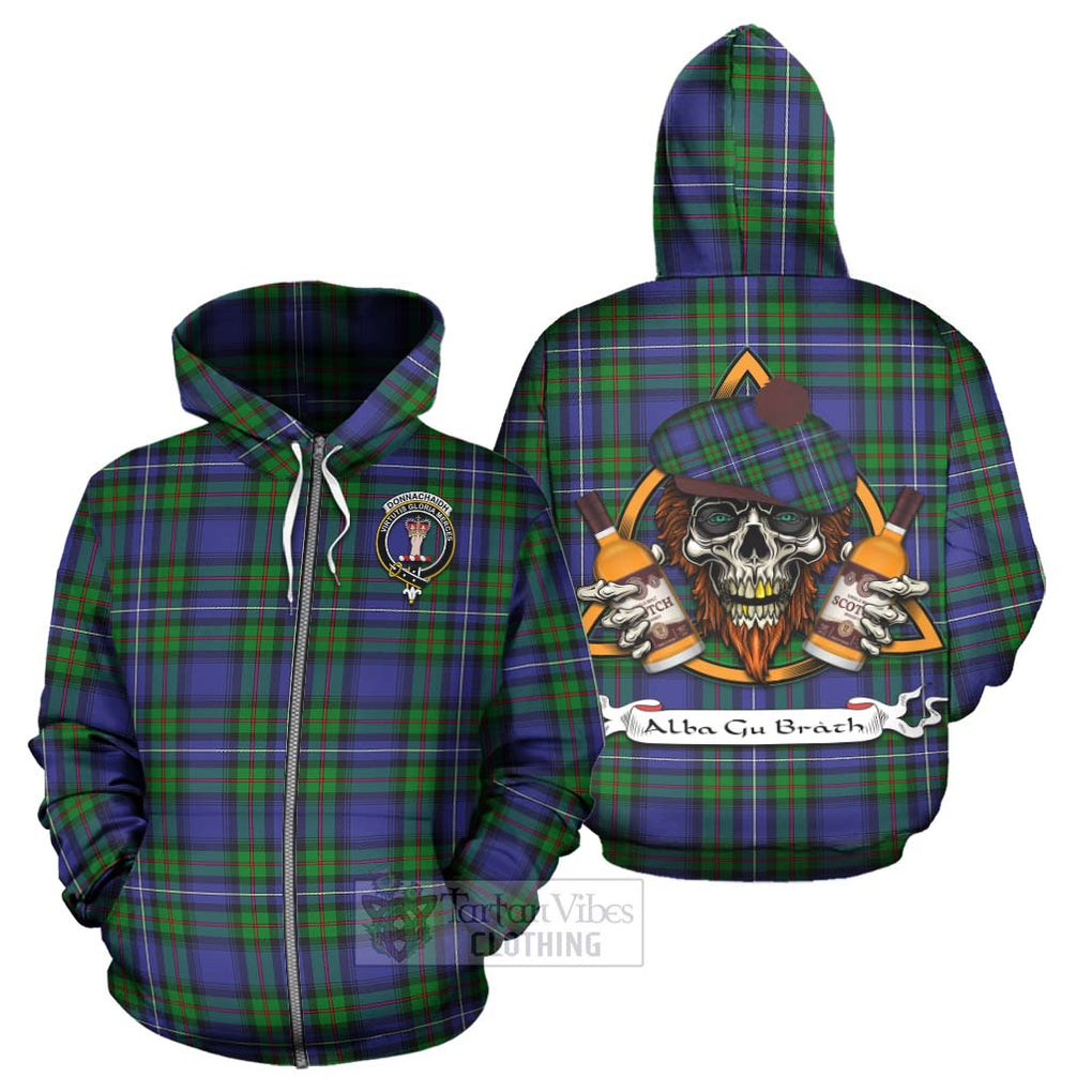 Tartan Vibes Clothing Donnachaidh Tartan Hoodie with Family Crest and Bearded Skull Holding Bottles of Whiskey