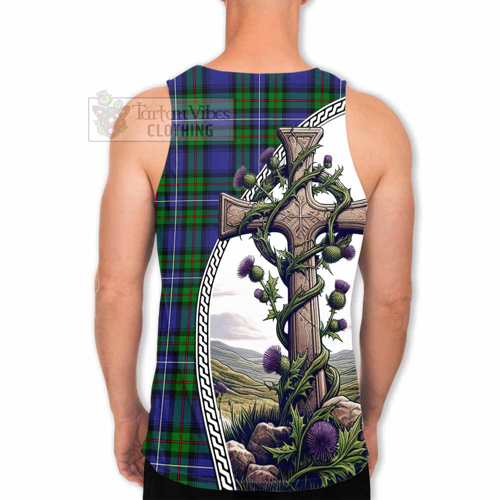 Tartan Vibes Clothing Donnachaidh Tartan Men's Tank Top with Family Crest and St. Andrew's Cross Accented by Thistle Vines