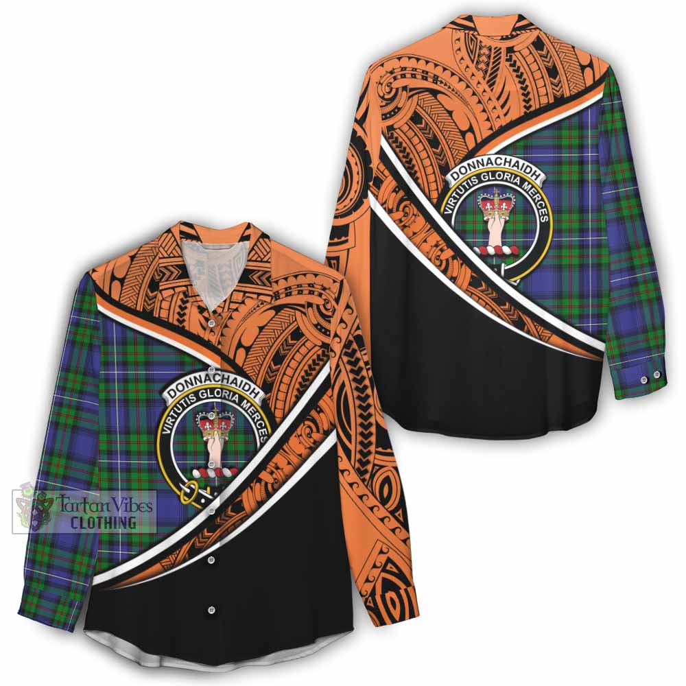 Tartan Vibes Clothing Donnachaidh Crest Tartan Women's Casual Shirt with Maori Tattoo Style - Orange Version