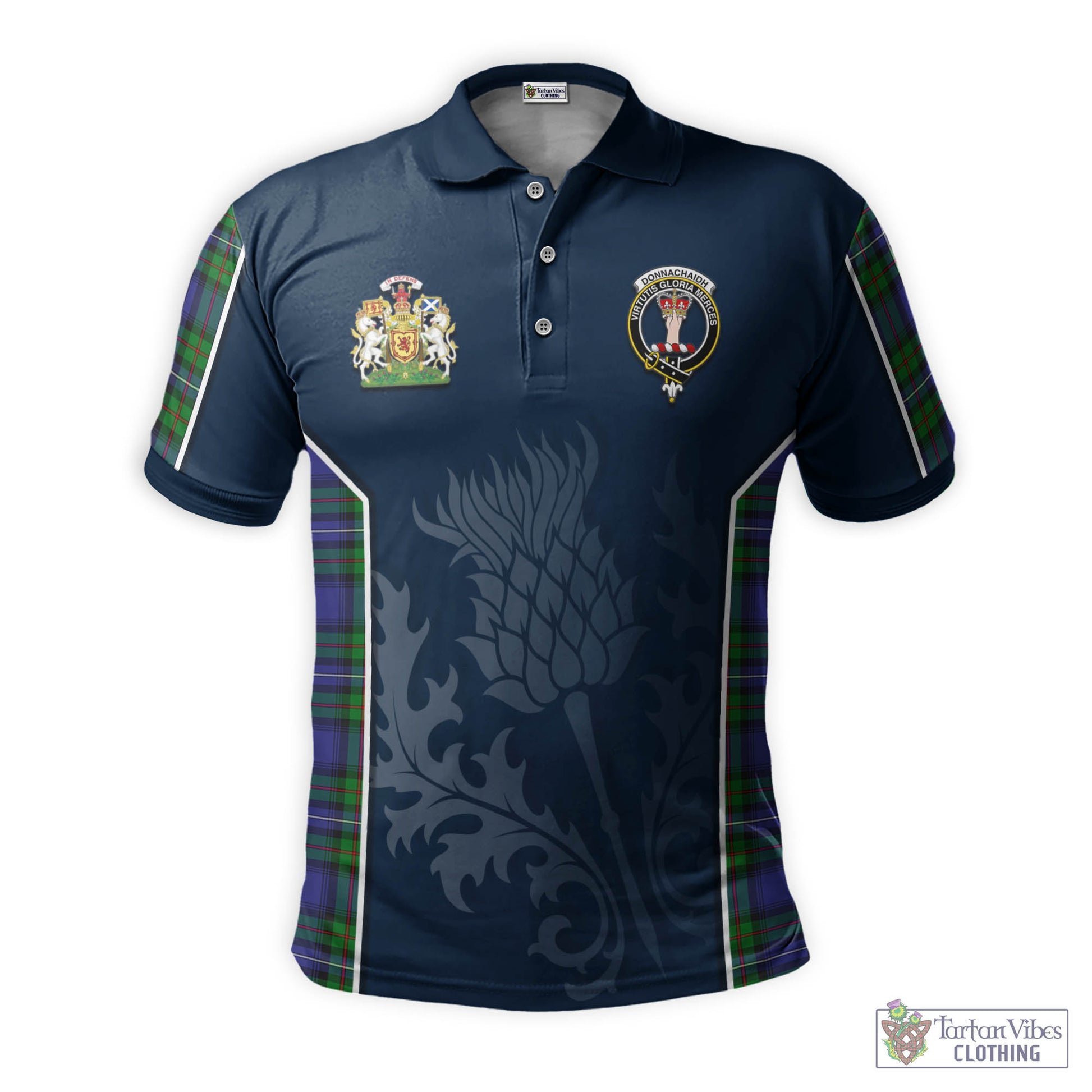 Tartan Vibes Clothing Donnachaidh Tartan Men's Polo Shirt with Family Crest and Scottish Thistle Vibes Sport Style