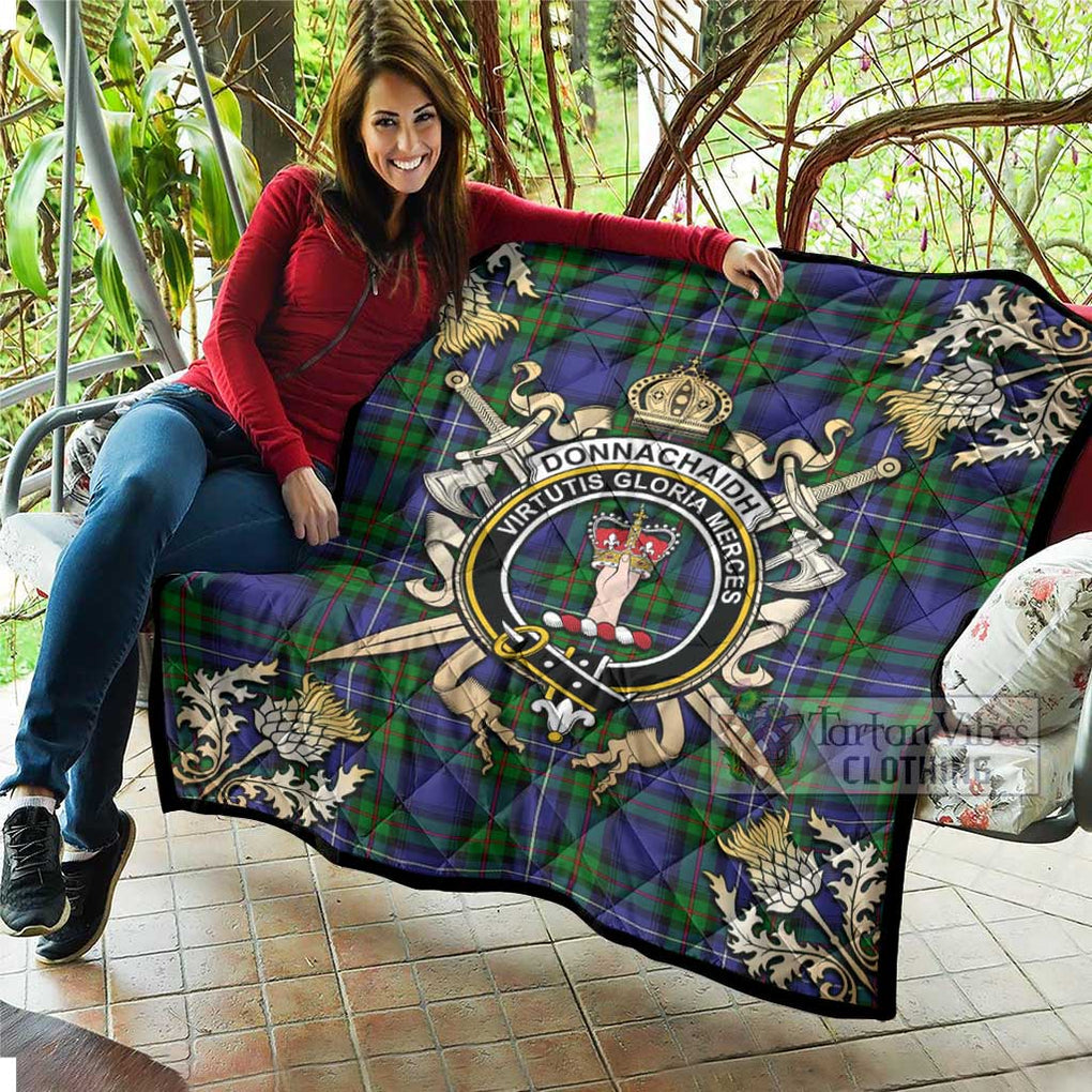 Tartan Vibes Clothing Donnachaidh Tartan Quilt with Family Crest and Scottish Golden Courage Shield