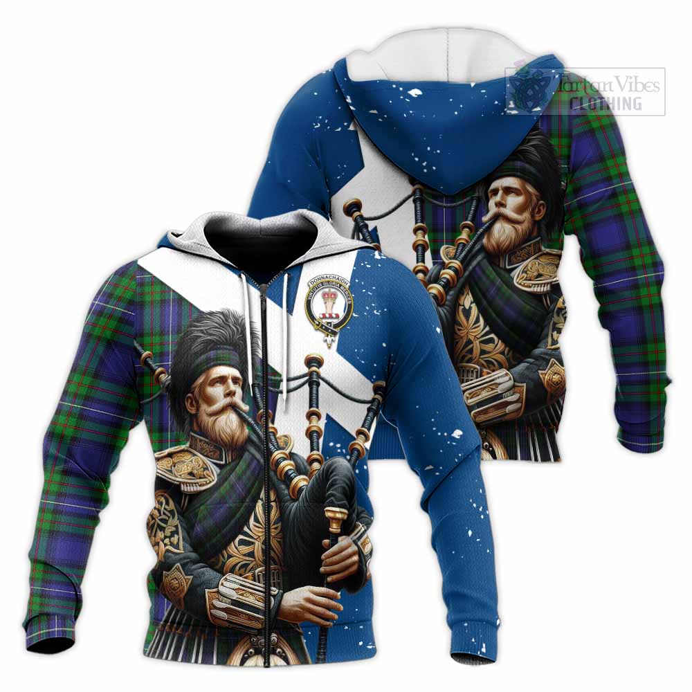 Tartan Vibes Clothing Donnachaidh Tartan Knitted Hoodie with Family Crest Scottish Bagpiper Vibes