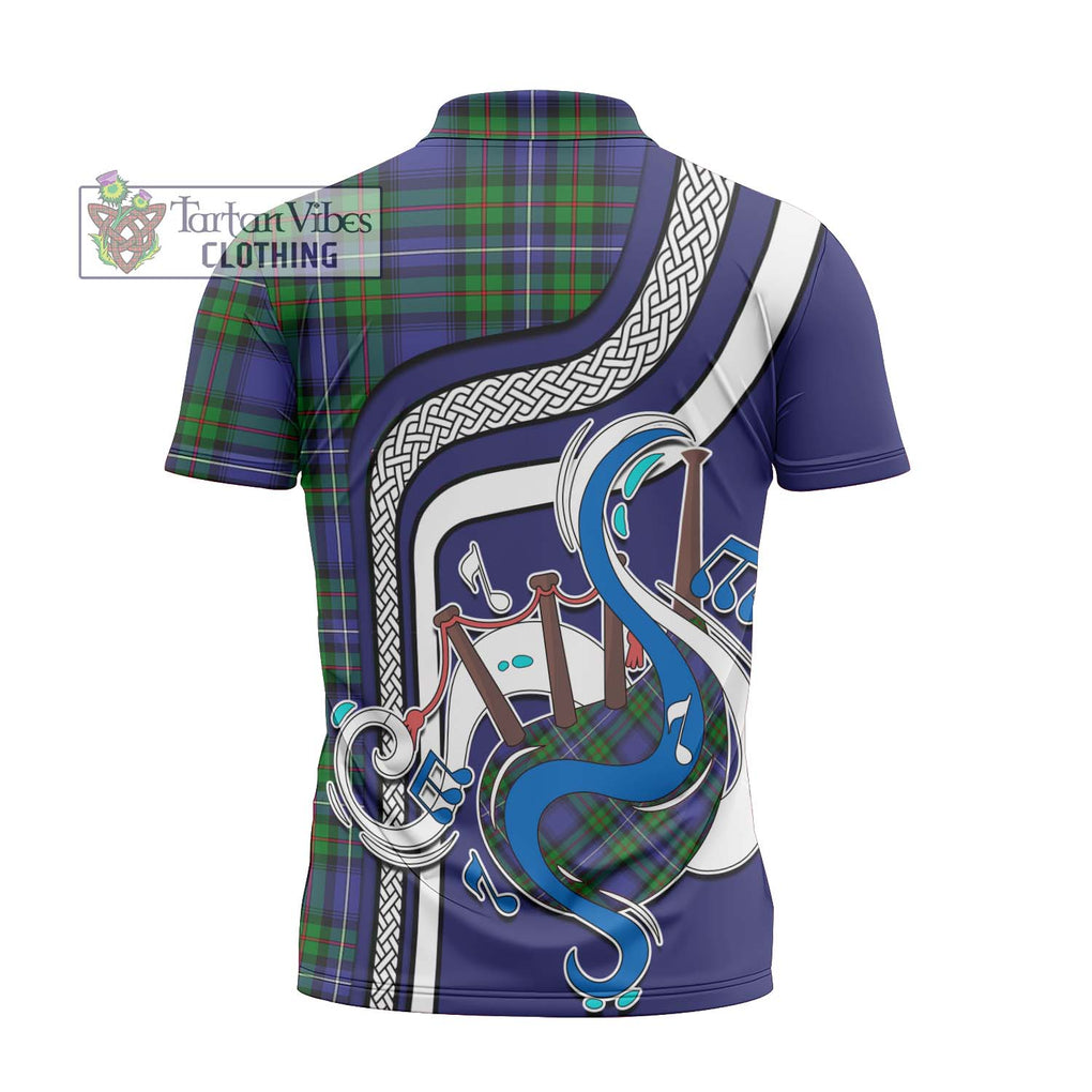 Donnachaidh Tartan Zipper Polo Shirt with Epic Bagpipe Style - Tartanvibesclothing Shop