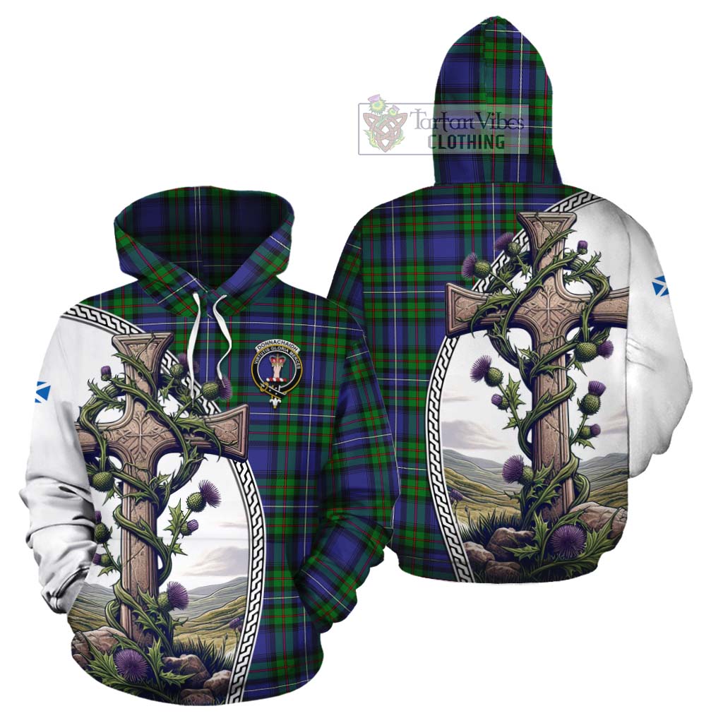 Tartan Vibes Clothing Donnachaidh Tartan Cotton Hoodie with Family Crest and St. Andrew's Cross Accented by Thistle Vines