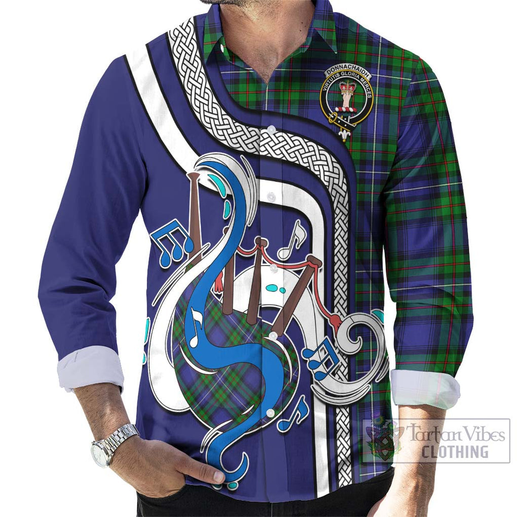 Donnachaidh Tartan Long Sleeve Button Shirt with Epic Bagpipe Style - Tartanvibesclothing Shop