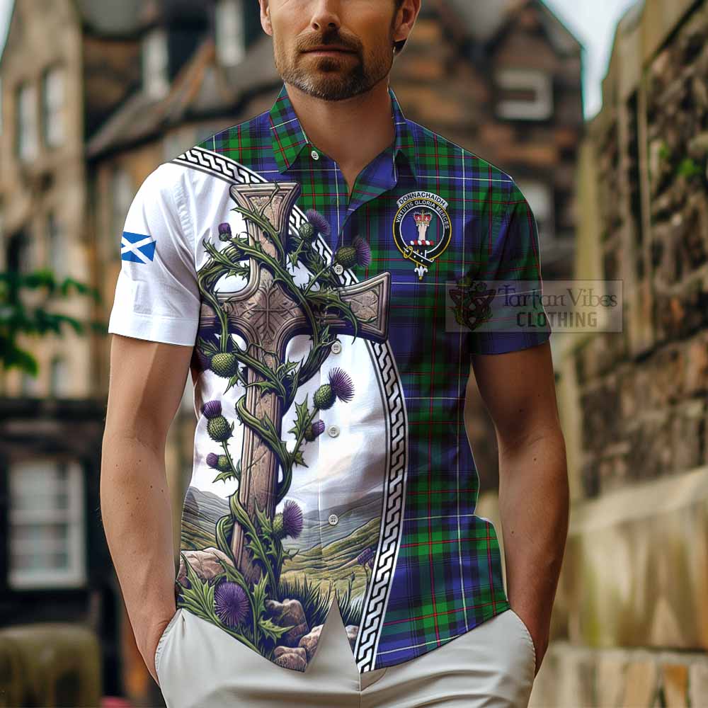 Tartan Vibes Clothing Donnachaidh Tartan Short Sleeve Button Shirt with Family Crest and St. Andrew's Cross Accented by Thistle Vines