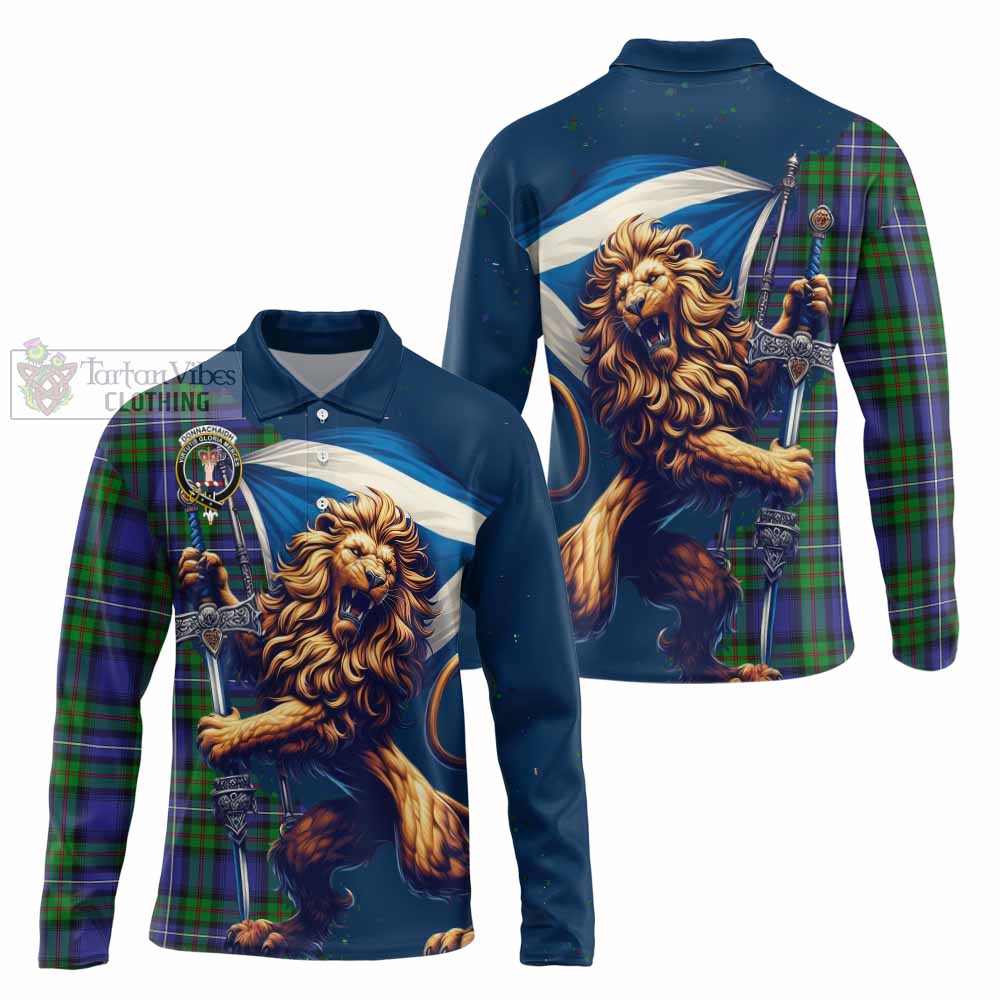 Tartan Vibes Clothing Donnachaidh Tartan Family Crest Long Sleeve Polo Shirt with Scottish Majestic Lion