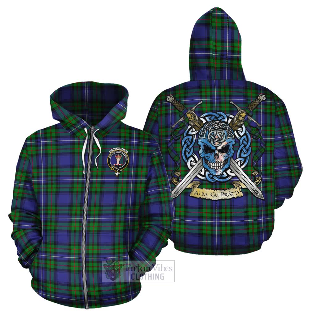 Tartan Vibes Clothing Donnachaidh Tartan Cotton Hoodie with Family Crest Celtic Skull Style