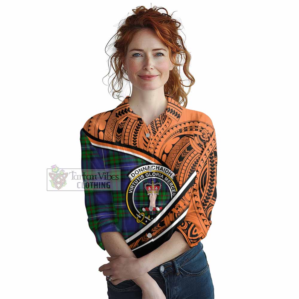 Tartan Vibes Clothing Donnachaidh Crest Tartan Women's Casual Shirt with Maori Tattoo Style - Orange Version