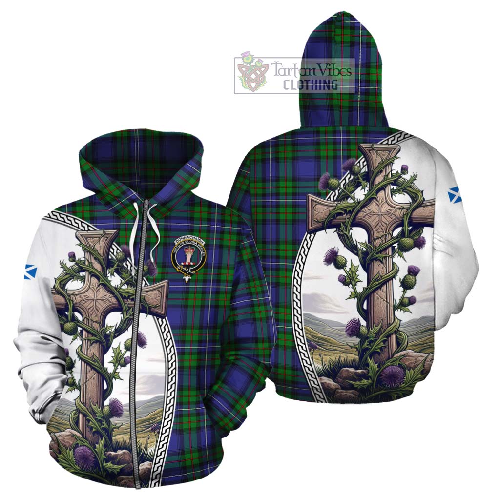 Tartan Vibes Clothing Donnachaidh Tartan Cotton Hoodie with Family Crest and St. Andrew's Cross Accented by Thistle Vines