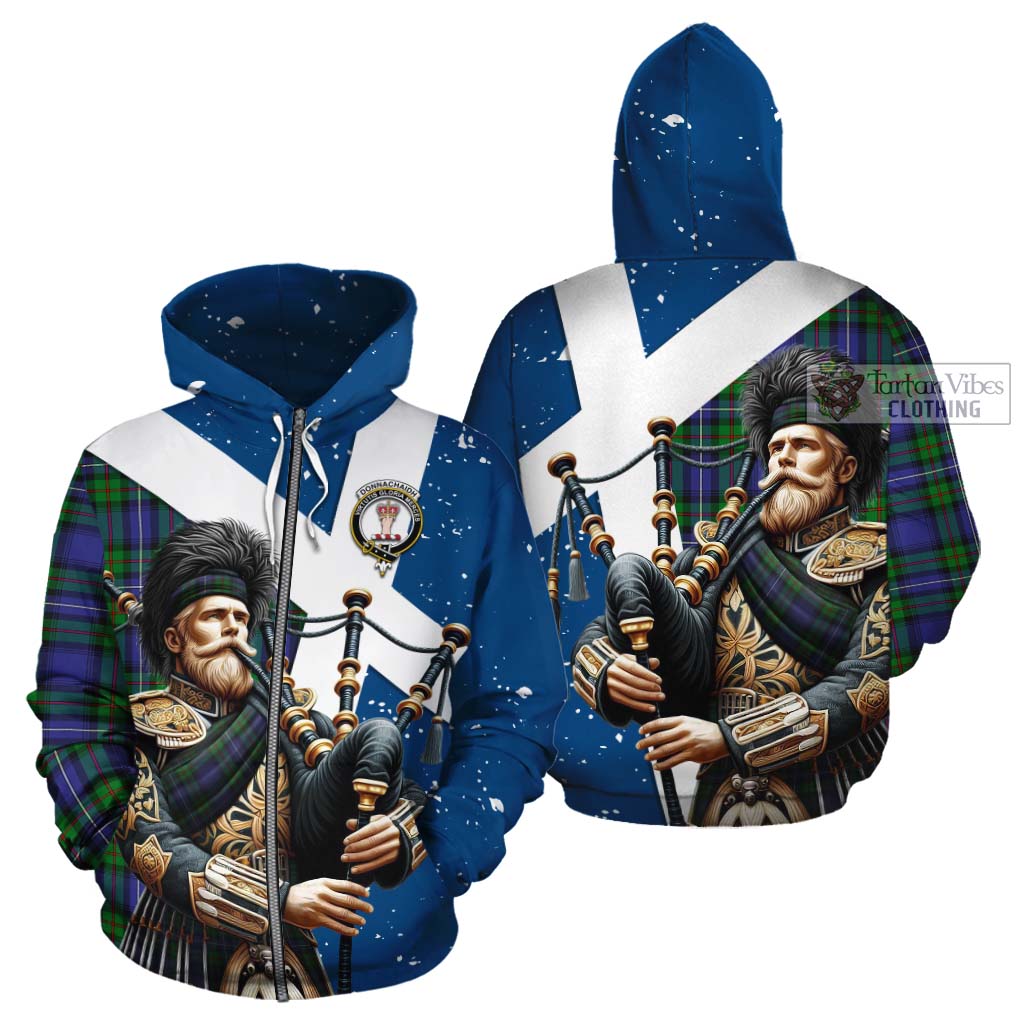 Tartan Vibes Clothing Donnachaidh Tartan Cotton Hoodie with Family Crest Scottish Bagpiper Vibes