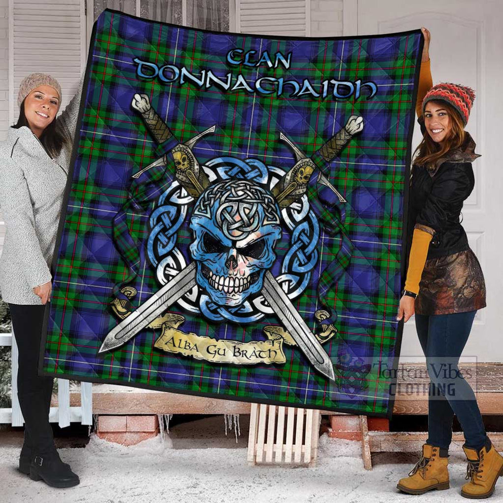 Tartan Vibes Clothing Donnachaidh Tartan Quilt with Celtic Skull Alba Gu Brath Style