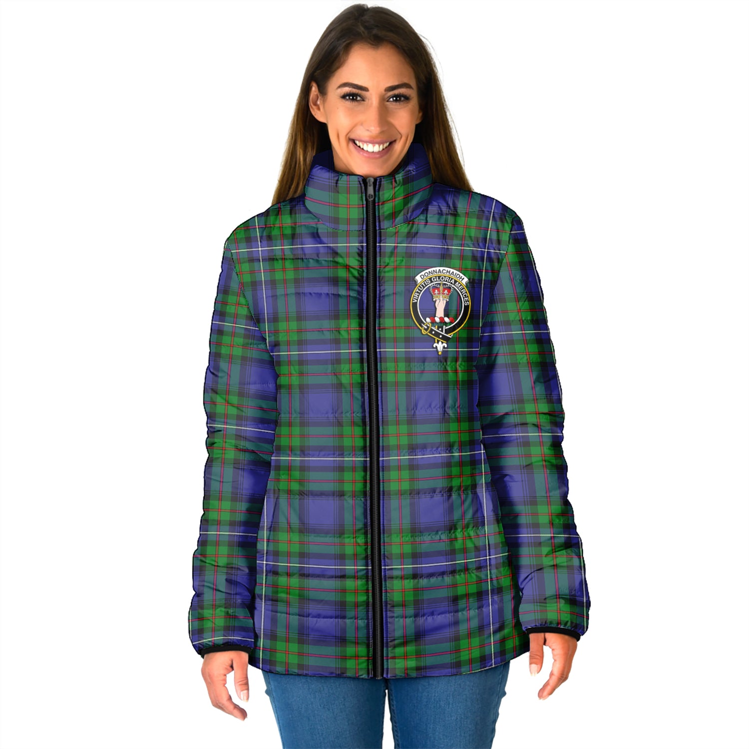 Donnachaidh Tartan Padded Jacket with Family Crest - Tartanvibesclothing