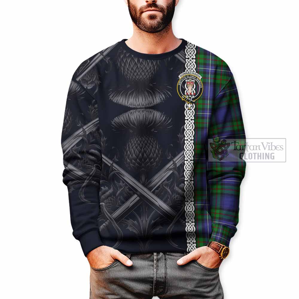 Tartan Vibes Clothing Donnachaidh Tartan Sweatshirt with Family Crest Cross Sword Thistle Celtic Vibes