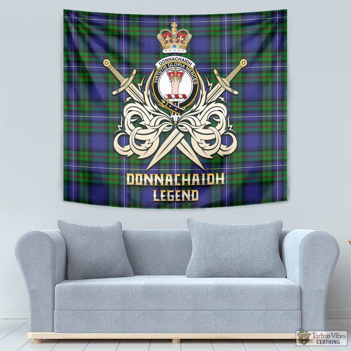 Tartan Vibes Clothing Donnachaidh Tartan Tapestry with Clan Crest and the Golden Sword of Courageous Legacy