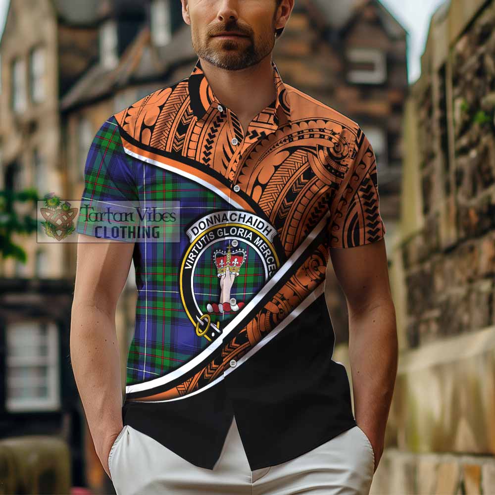 Tartan Vibes Clothing Donnachaidh Crest Tartan Short Sleeve Button Shirt with Maori Tattoo Style - Orange Version