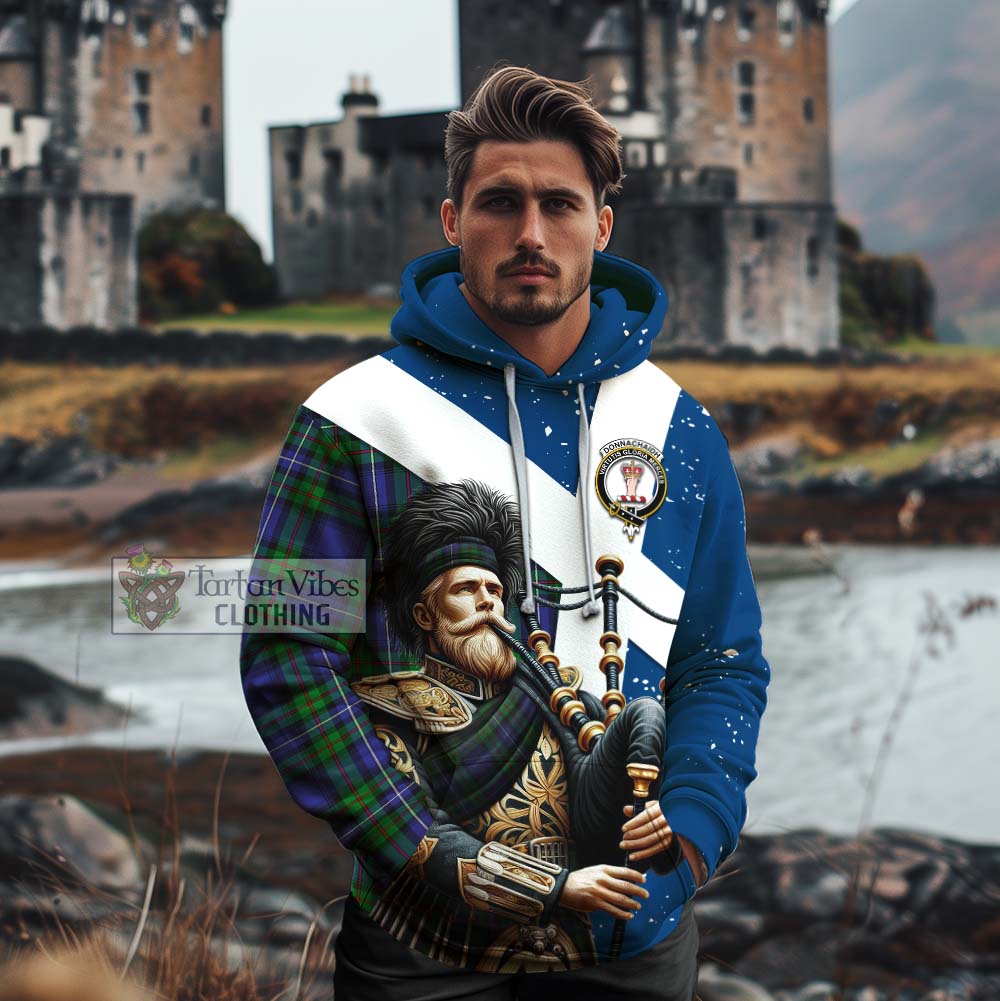 Tartan Vibes Clothing Donnachaidh Tartan Cotton Hoodie with Family Crest Scottish Bagpiper Vibes