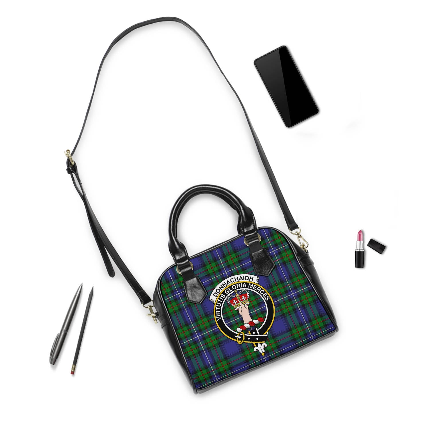 Donnachaidh Tartan Shoulder Handbags with Family Crest - Tartanvibesclothing