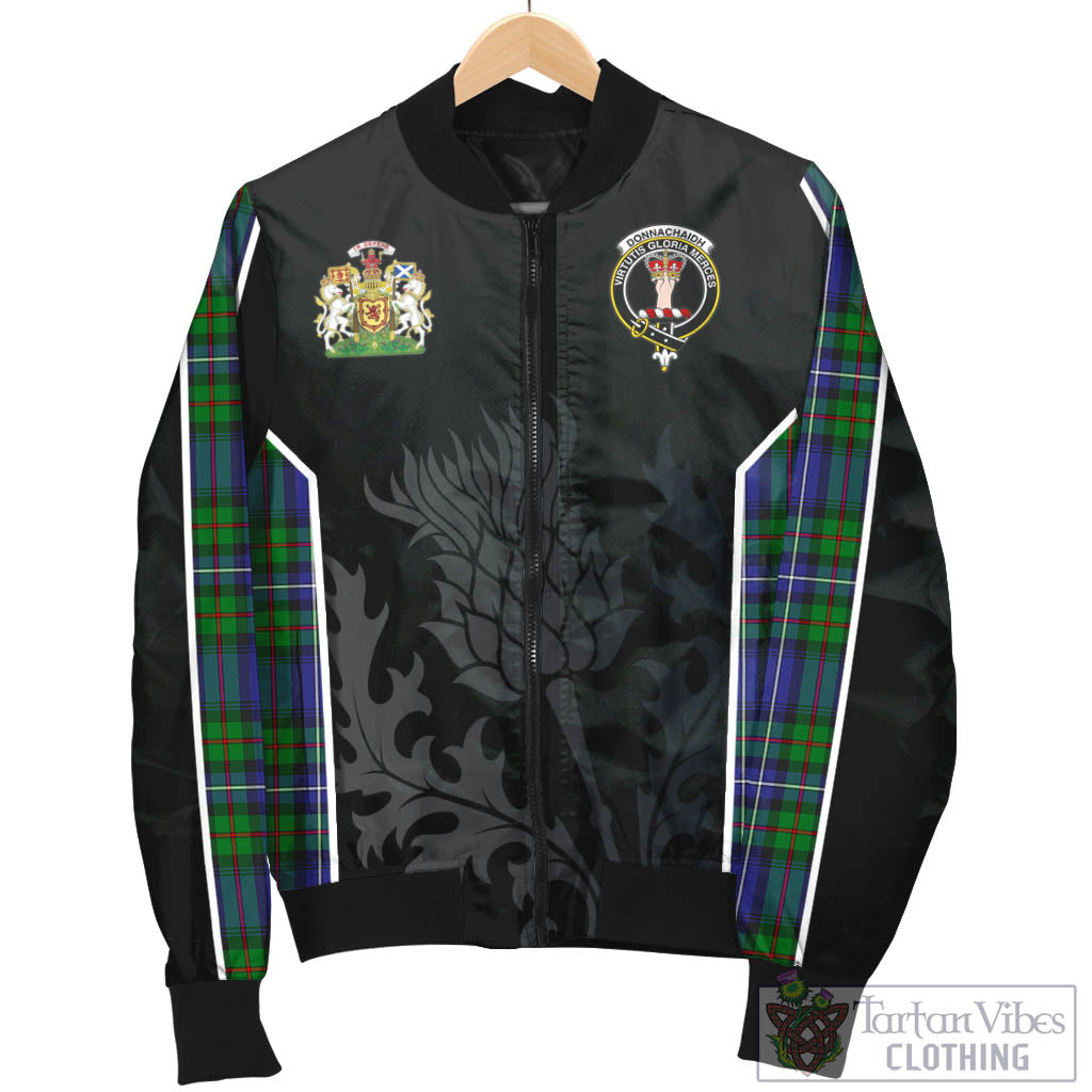 Tartan Vibes Clothing Donnachaidh Tartan Bomber Jacket with Family Crest and Scottish Thistle Vibes Sport Style