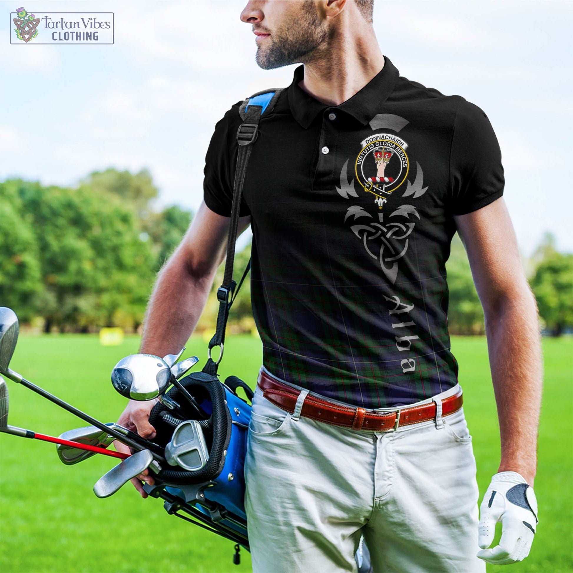 Tartan Vibes Clothing Donnachaidh Tartan Polo Shirt Featuring Alba Gu Brath Family Crest Celtic Inspired