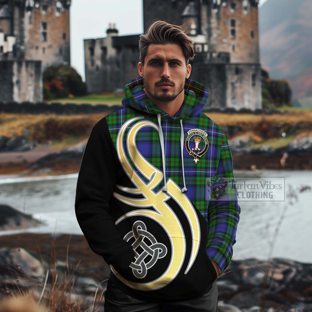 Tartan Vibes Clothing Donnachaidh Tartan Cotton Hoodie with Family Crest and Celtic Symbol Style