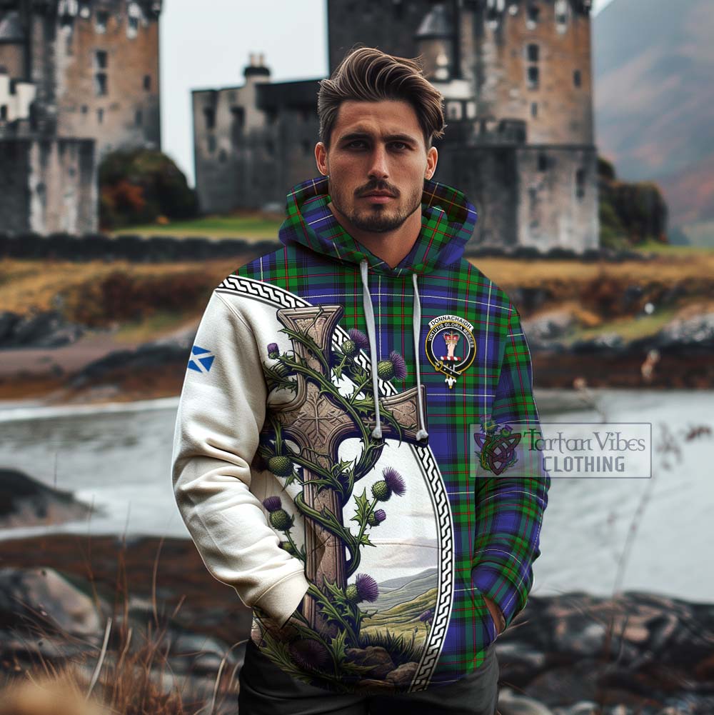 Tartan Vibes Clothing Donnachaidh Tartan Cotton Hoodie with Family Crest and St. Andrew's Cross Accented by Thistle Vines