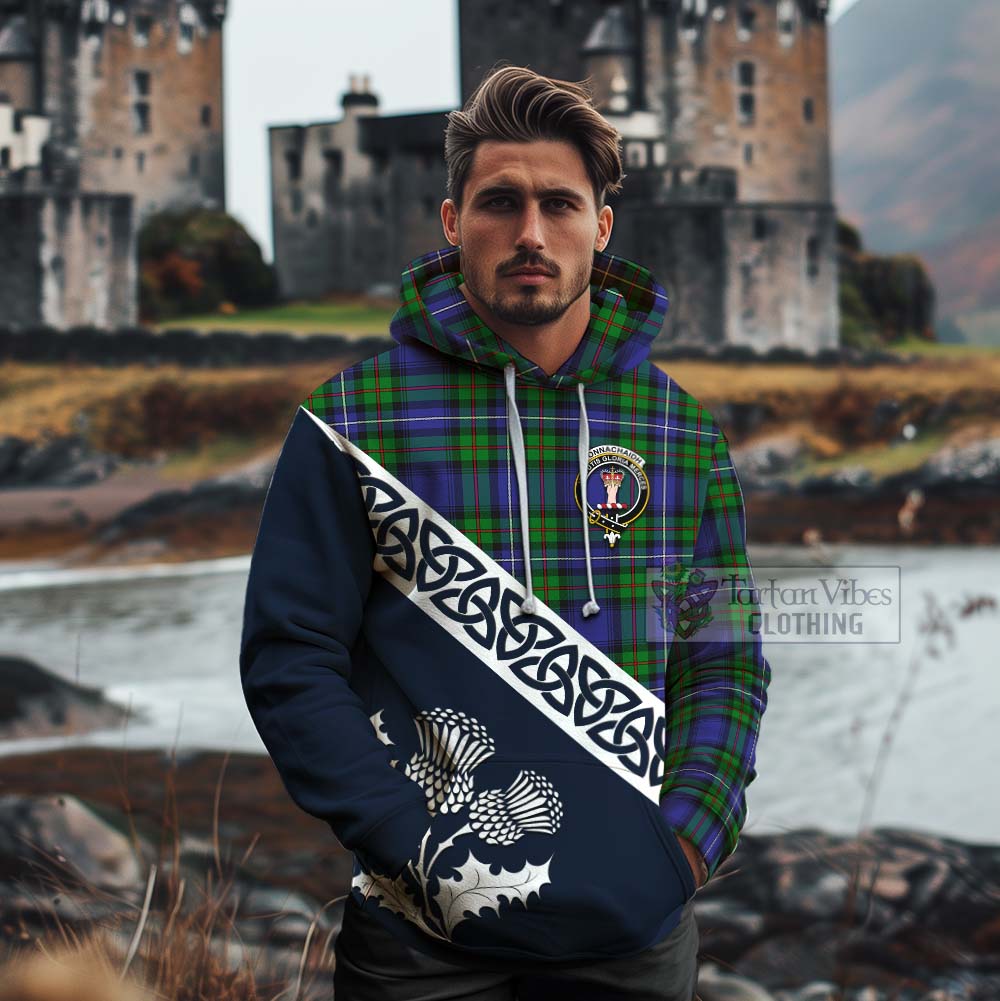 Tartan Vibes Clothing Donnachaidh Tartan Cotton Hoodie Featuring Thistle and Scotland Map