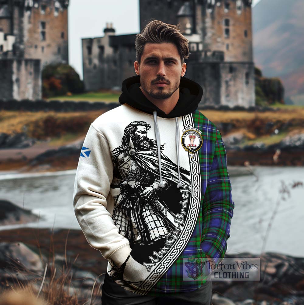 Tartan Vibes Clothing Donnachaidh Tartan Clan Crest Cotton Hoodie with Highlander Warrior Celtic Style