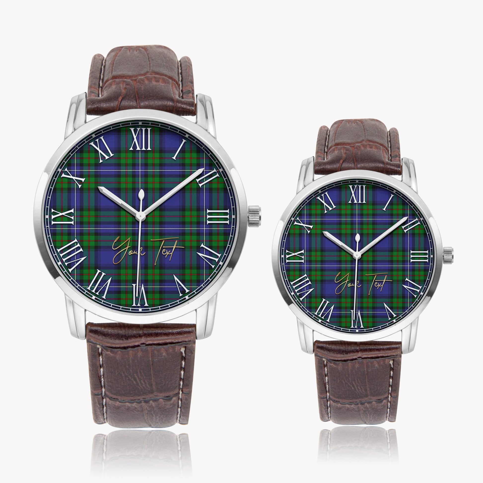 Donnachaidh Tartan Personalized Your Text Leather Trap Quartz Watch Wide Type Silver Case With Brown Leather Strap - Tartanvibesclothing