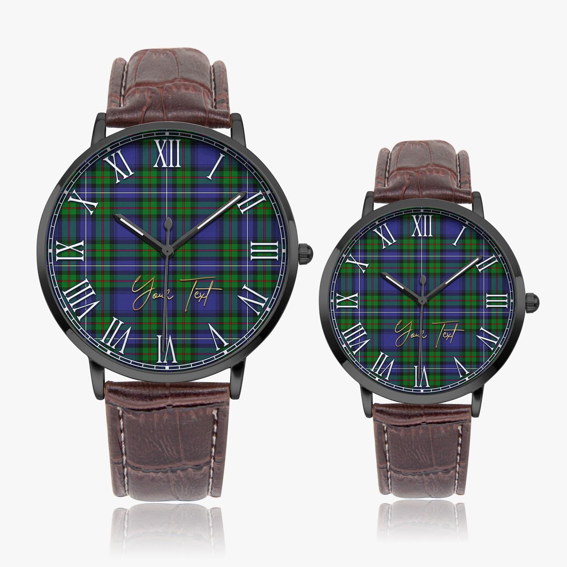 Donnachaidh Tartan Personalized Your Text Leather Trap Quartz Watch Ultra Thin Black Case With Brown Leather Strap - Tartanvibesclothing