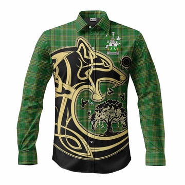 Donohue Irish Tartan Long Sleeve Button Shirt with Coat of Arms Celtic Wolf Style