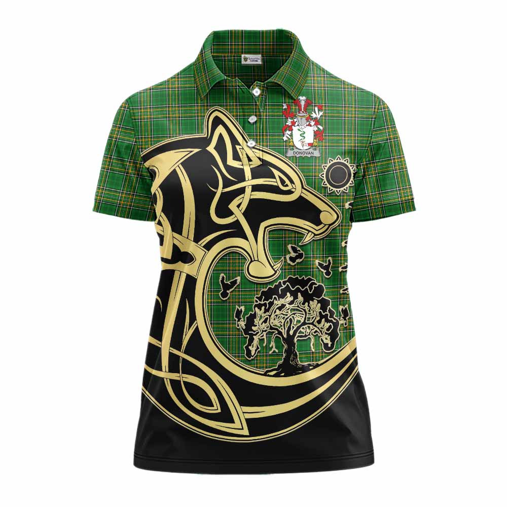 Tartan Vibes Clothing Donovan Irish Tartan Women's Polo Shirt with Coat of Arms Celtic Wolf Style