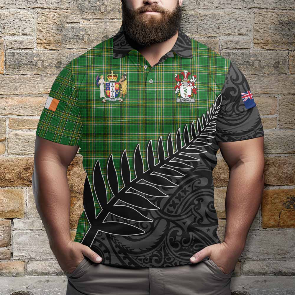 Tartan Vibes Clothing Donovan Irish Clan Tartan Polo Shirt with Coat of Arms New Zealand Silver Fern Half Style