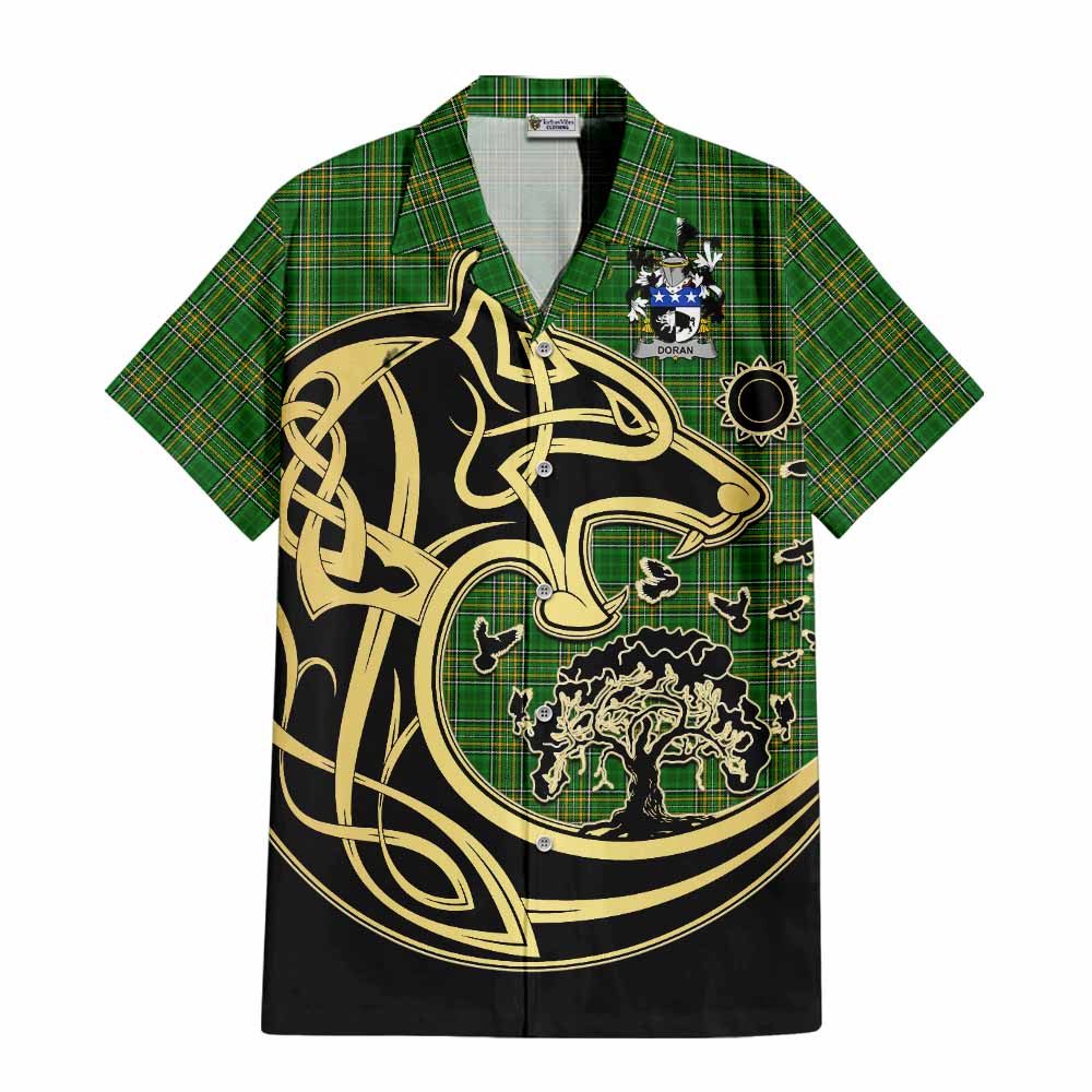 Tartan Vibes Clothing Doran Irish Tartan Short Sleeve Button Shirt with Coat of Arms Celtic Wolf Style