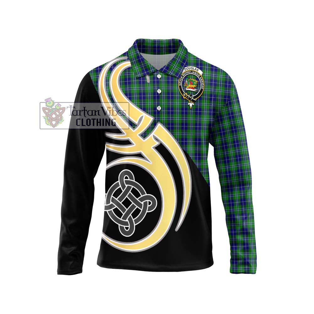 Douglas Tartan Long Sleeve Polo Shirt with Family Crest and Celtic Symbol Style Unisex - Tartan Vibes Clothing