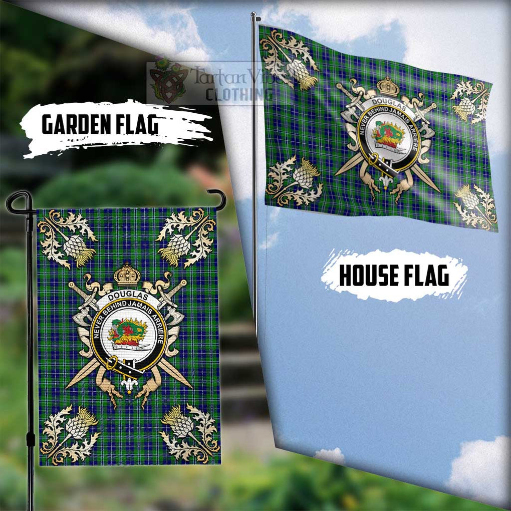 Tartan Vibes Clothing Douglas Tartan Flag with Family Crest and Golden Thistle Crossed Sword Design