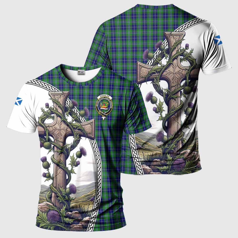 Tartan Vibes Clothing Douglas Agnew Tartan T-Shirt with Family Crest and St. Andrew's Cross Accented by Thistle Vines