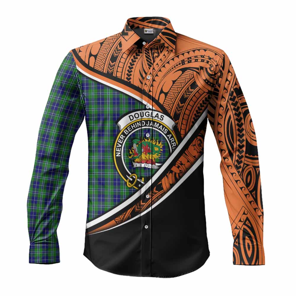 Tartan Vibes Clothing Douglas Crest Tartan Long Sleeve Button Shirt with Maori Tattoo Style - Orange Version