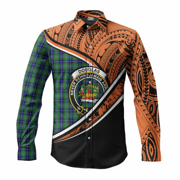 Douglas Crest Tartan Long Sleeve Button Shirt with Polynesian Vibes Style - Orange Version