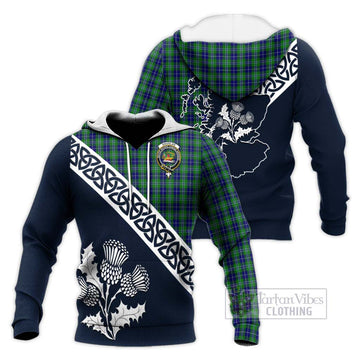 Douglas Tartan Knitted Hoodie Featuring Thistle and Scotland Map