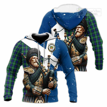 Douglas Tartan Knitted Hoodie with Family Crest Scottish Bagpiper Vibes