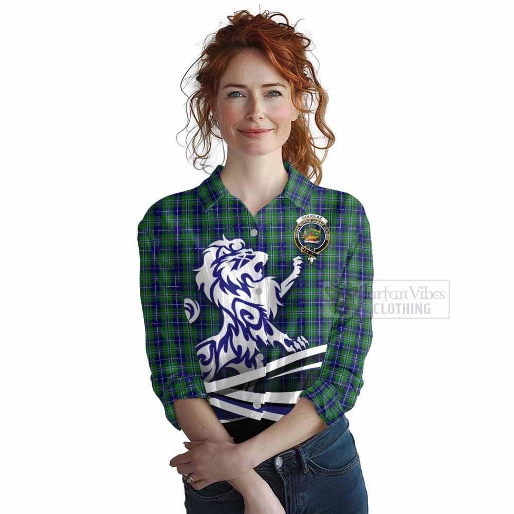 Tartan Vibes Clothing Douglas Tartan Women's Casual Shirt with Alba Gu Brath Regal Lion Emblem