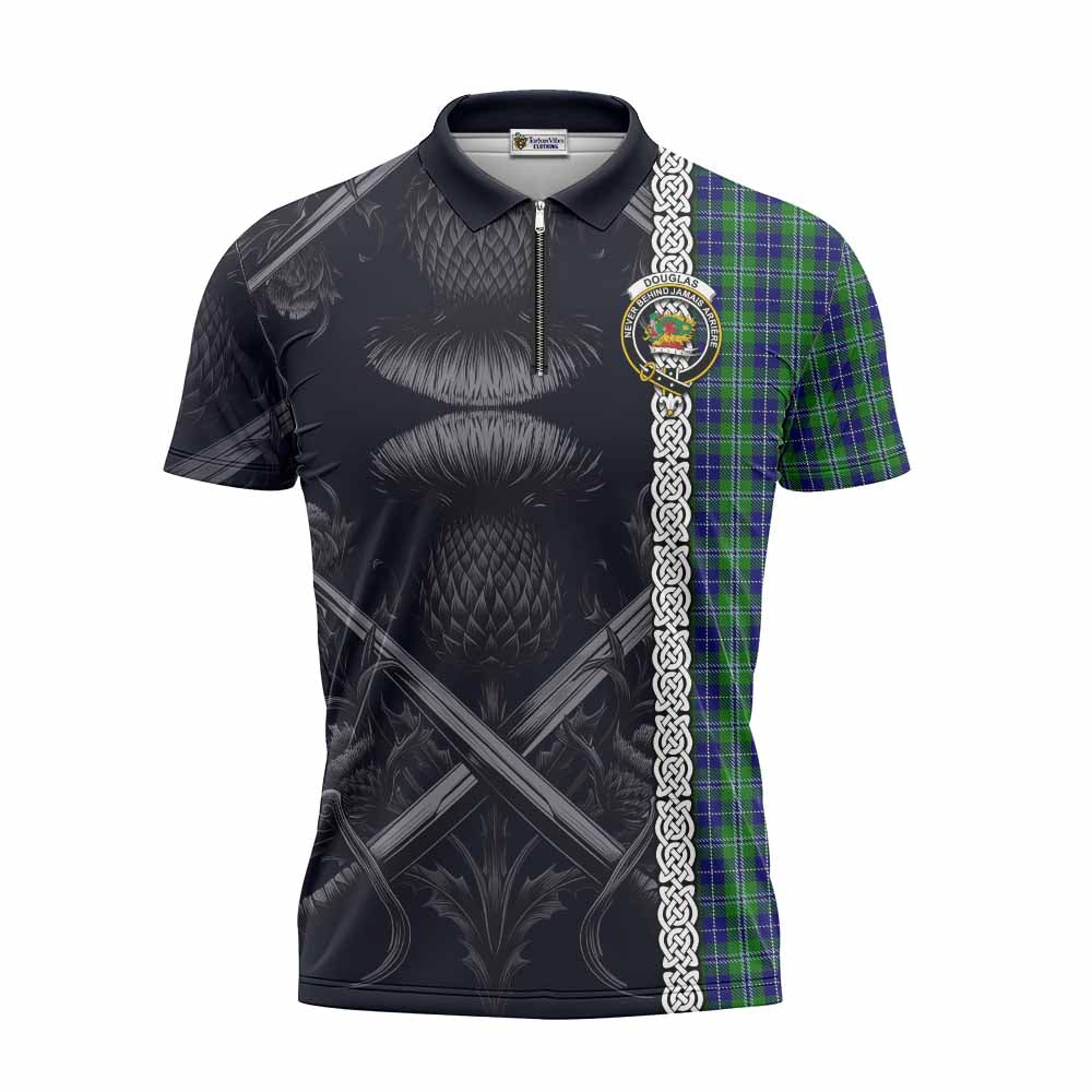 Tartan Vibes Clothing Douglas Tartan Zipper Polo Shirt with Family Crest Cross Sword Thistle Celtic Vibes