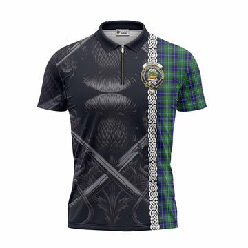 Douglas Tartan Zipper Polo Shirt with Family Crest Cross Sword Thistle Celtic Vibes